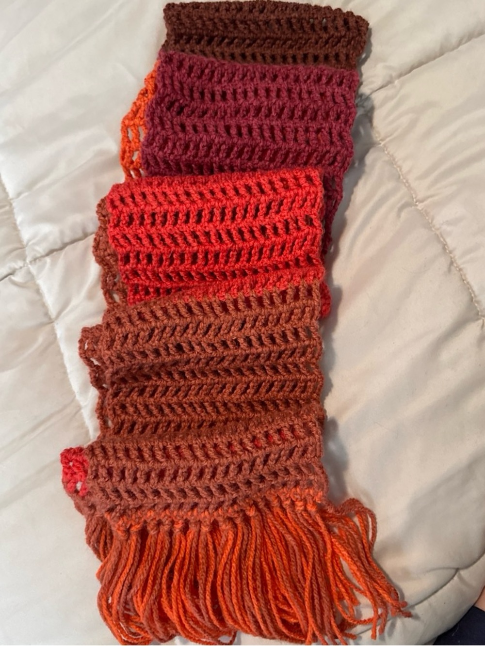 Crocheted Women's Scarf in Brown, Orange & Red